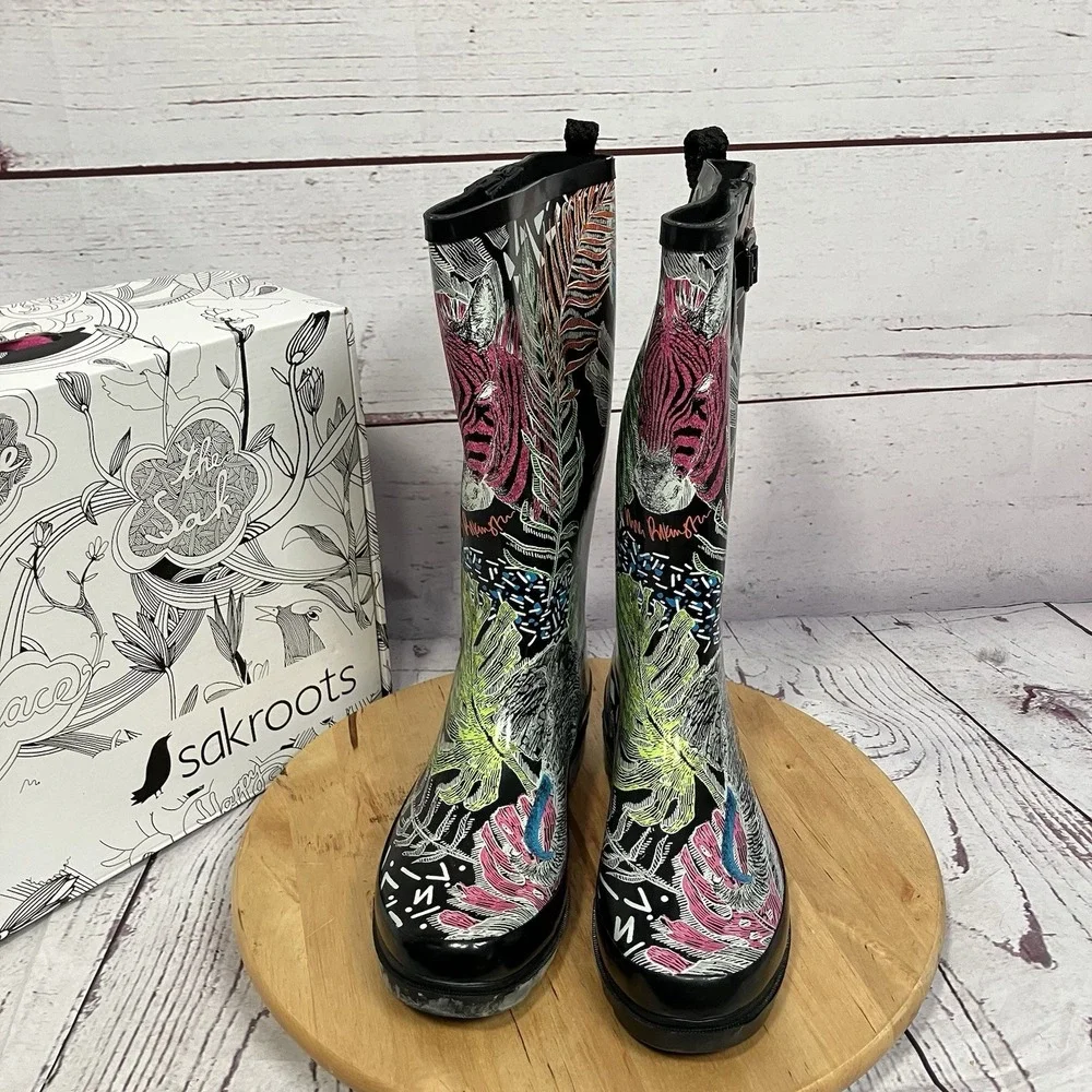Sakroots Rhythm Rain Boots Black Floral Zebra Tall Womens Size‎ 9 Festival Art